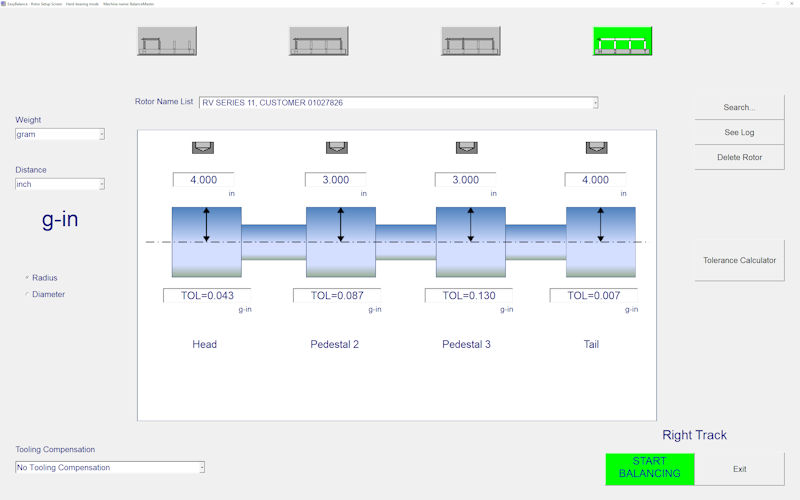 balancing software, driveshaft balancing machine rotor setup screen