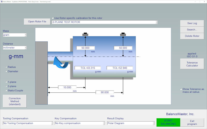 balancing software, side-spindle rotor setup screen